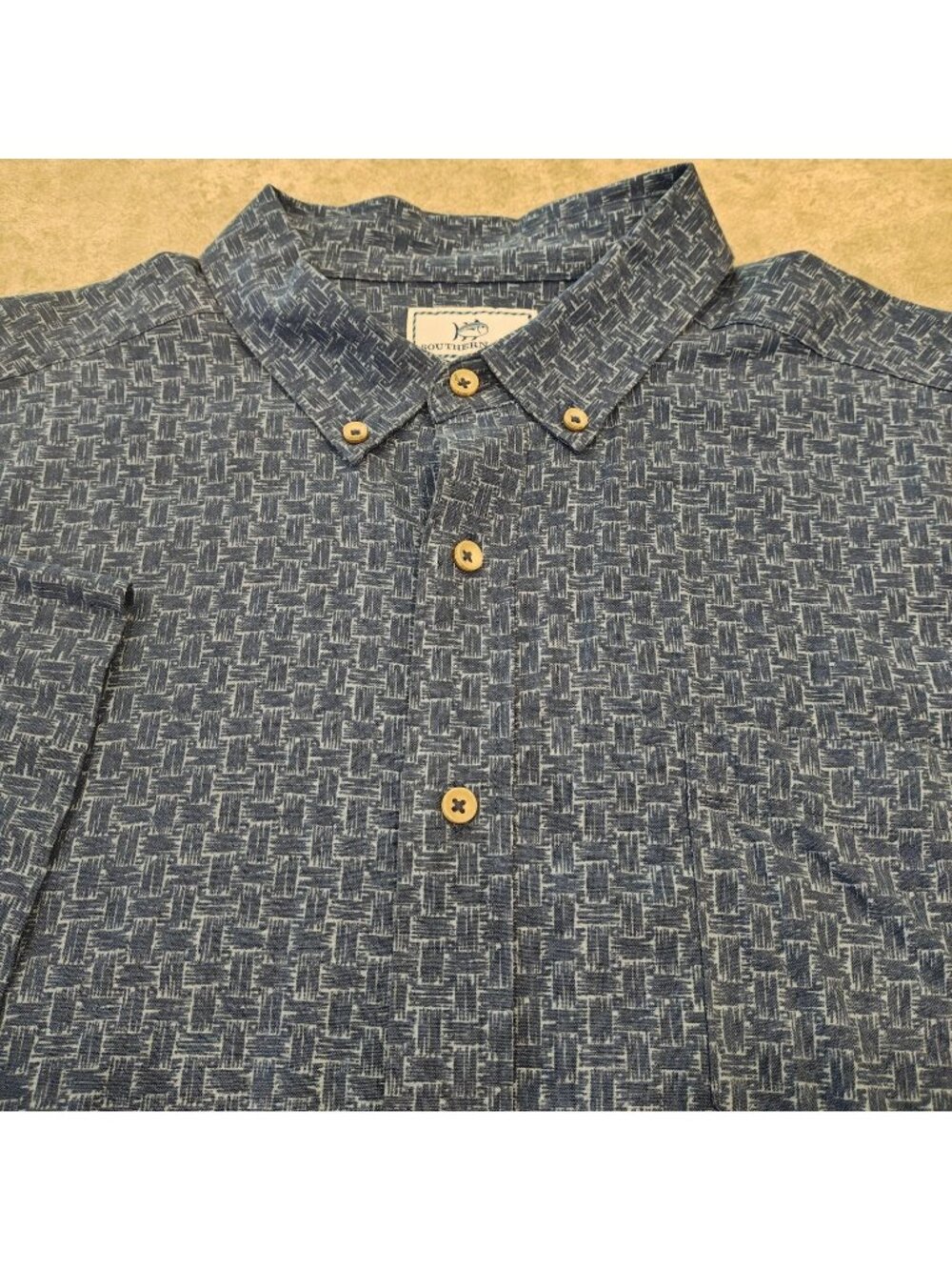 Southern Tide Shirt Mens XL Blue Geometric Linen Blend Button Up Short Sleeve